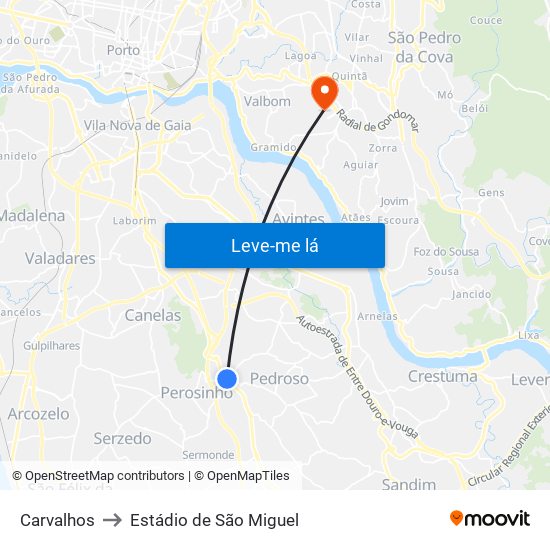 Carvalhos to Estádio de São Miguel map