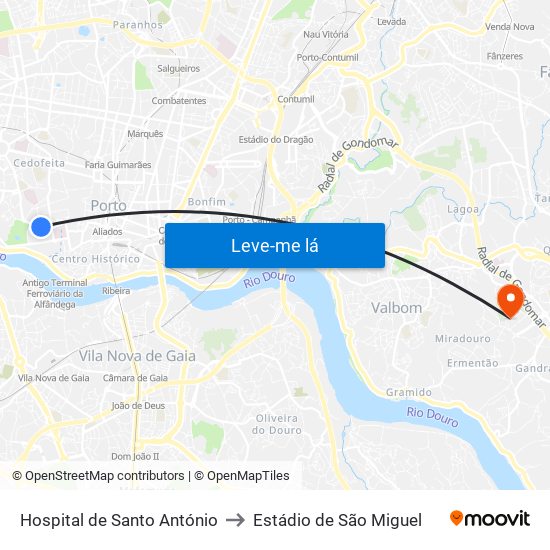Hospital de Santo António to Estádio de São Miguel map