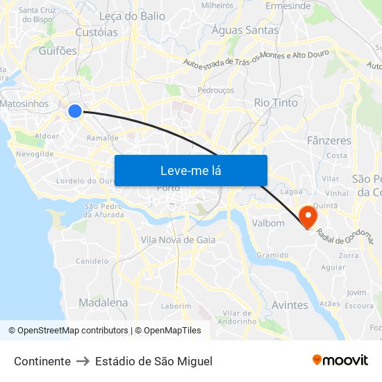 Continente to Estádio de São Miguel map