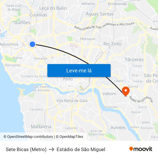 Sete Bicas (Metro) to Estádio de São Miguel map