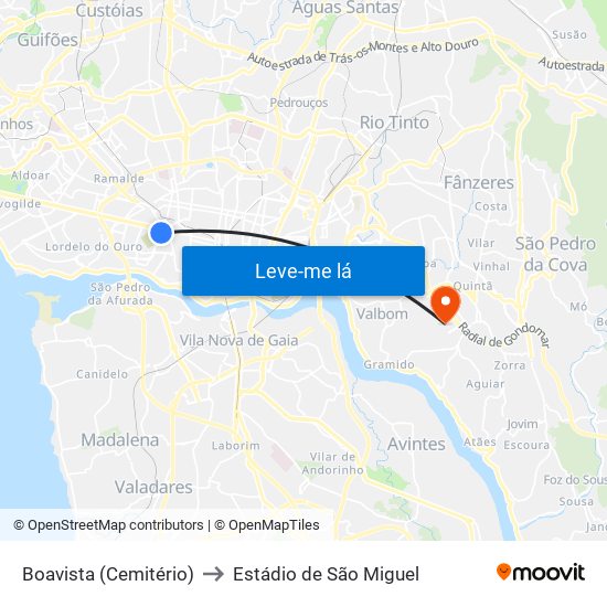 Boavista (Cemitério) to Estádio de São Miguel map