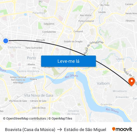 Boavista (Casa da Música) to Estádio de São Miguel map