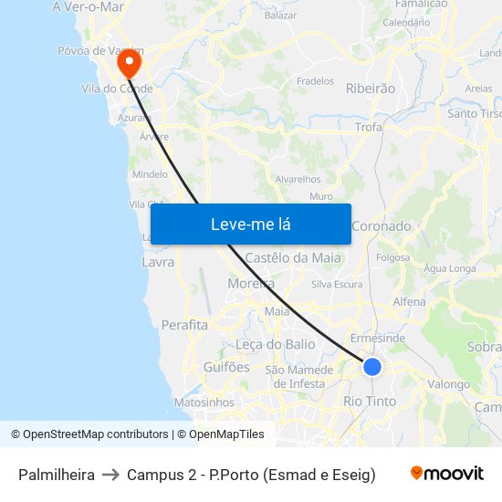 Palmilheira to Campus 2 - P.Porto (Esmad e Eseig) map