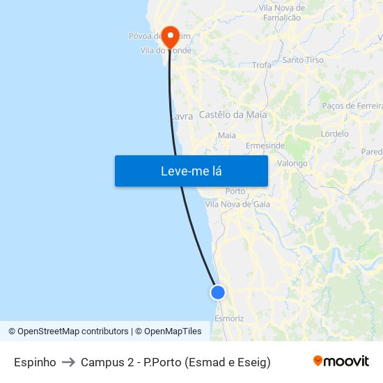 Espinho to Campus 2 - P.Porto (Esmad e Eseig) map