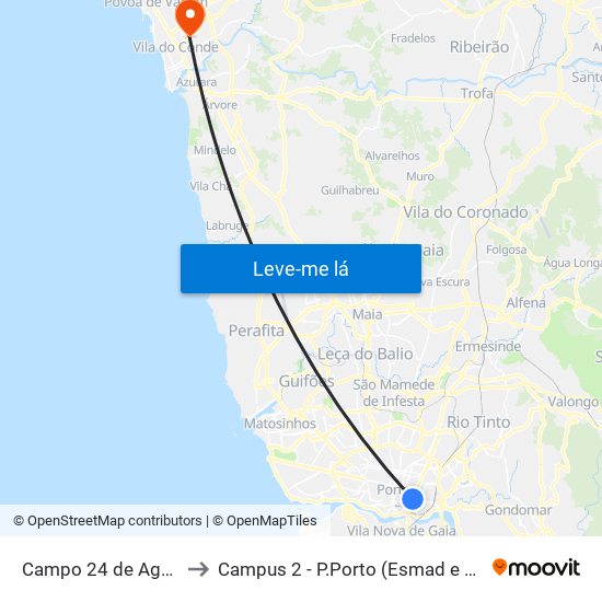 Campo 24 de Agosto to Campus 2 - P.Porto (Esmad e Eseig) map