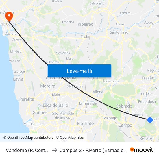 Vandoma (R.Central II) to Campus 2 - P.Porto (Esmad e Eseig) map