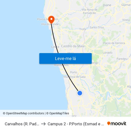 Carvalhos (R. Padrão) to Campus 2 - P.Porto (Esmad e Eseig) map