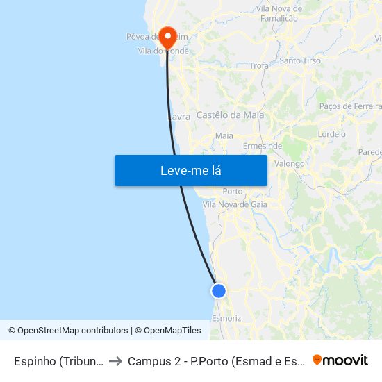Espinho (Tribunal) to Campus 2 - P.Porto (Esmad e Eseig) map