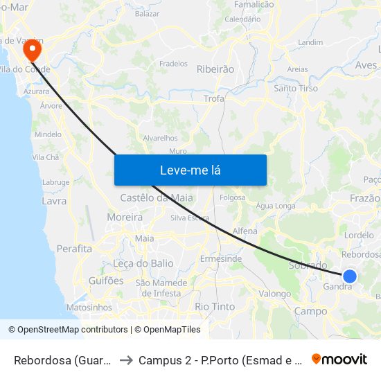 Rebordosa (Guardão) to Campus 2 - P.Porto (Esmad e Eseig) map