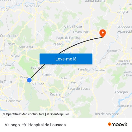 Valongo to Hospital de Lousada map