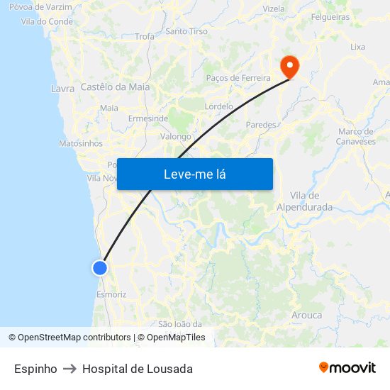 Espinho to Hospital de Lousada map