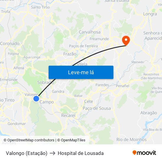 Valongo (Estação) to Hospital de Lousada map