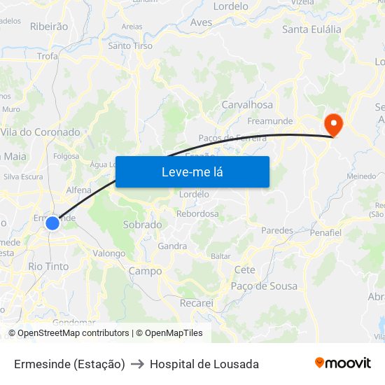 Ermesinde (Estação) to Hospital de Lousada map