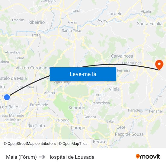 Maia (Fórum) to Hospital de Lousada map