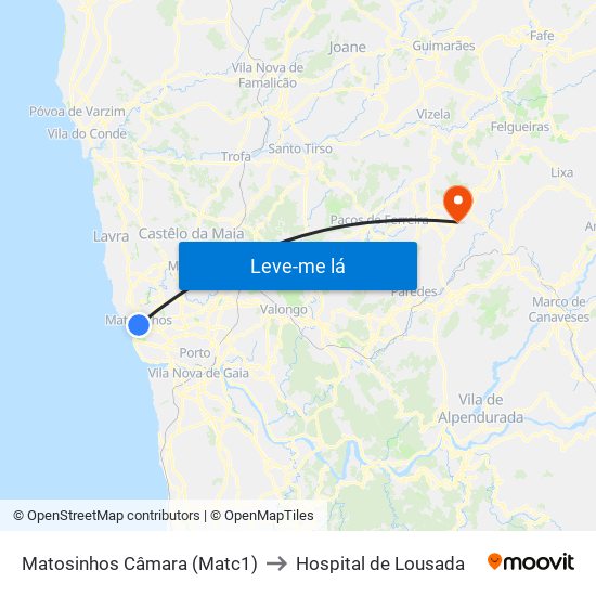 Matosinhos Câmara (Matc1) to Hospital de Lousada map