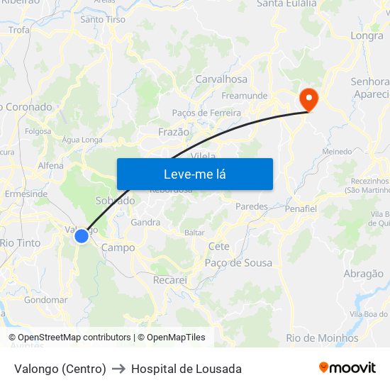 Valongo (Centro) to Hospital de Lousada map