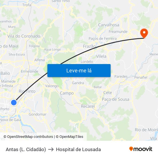 Antas (L. Cidadão) to Hospital de Lousada map