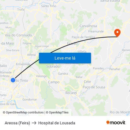 Areosa (Feira) to Hospital de Lousada map