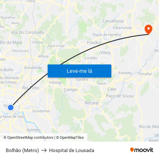 Bolhão (Metro) to Hospital de Lousada map