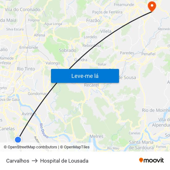 Carvalhos to Hospital de Lousada map