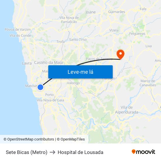 Sete Bicas (Metro) to Hospital de Lousada map