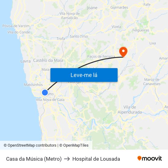 Casa da Música (Metro) to Hospital de Lousada map