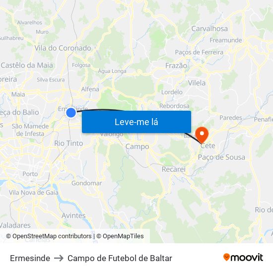 Ermesinde to Campo de Futebol de Baltar map