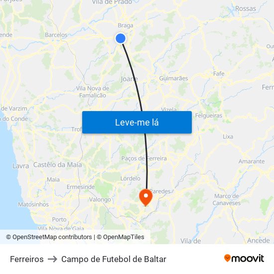 Ferreiros to Campo de Futebol de Baltar map