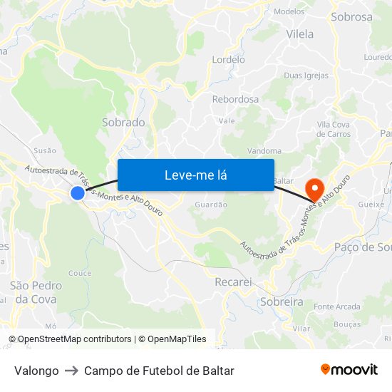 Valongo to Campo de Futebol de Baltar map