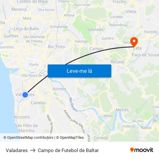 Valadares to Campo de Futebol de Baltar map