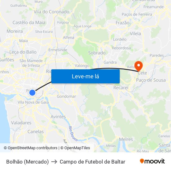 Bolhão (Mercado) to Campo de Futebol de Baltar map