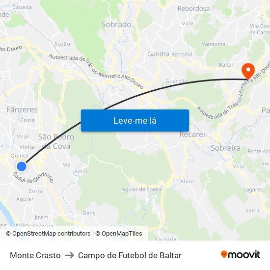 Monte Crasto to Campo de Futebol de Baltar map