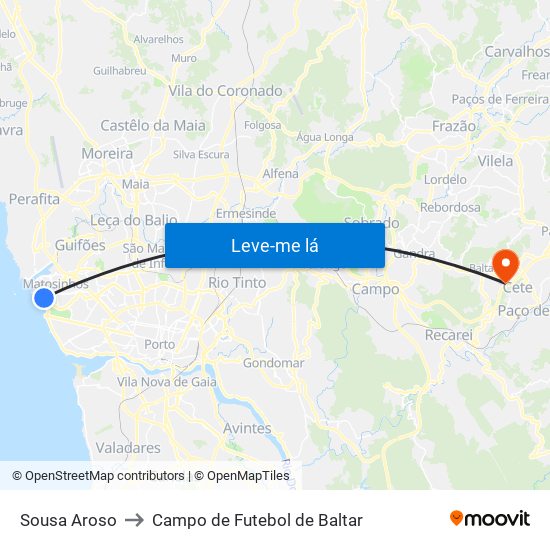 Sousa Aroso to Campo de Futebol de Baltar map