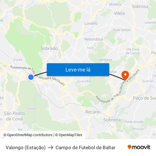 Valongo (Estação) to Campo de Futebol de Baltar map