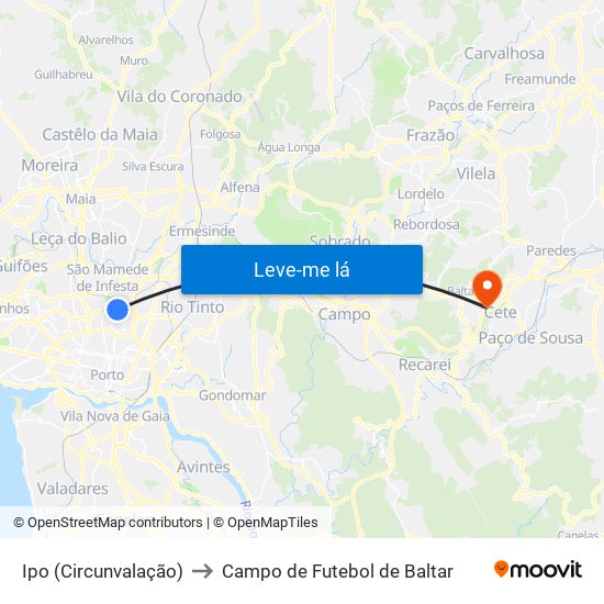 Ipo (Circunvalação) to Campo de Futebol de Baltar map