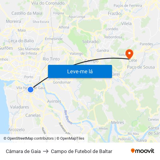 Câmara de Gaia to Campo de Futebol de Baltar map