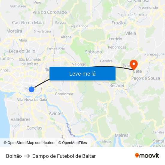 Bolhão to Campo de Futebol de Baltar map