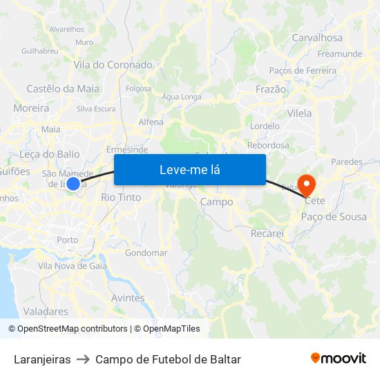 Laranjeiras to Campo de Futebol de Baltar map