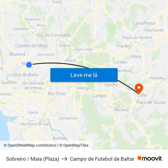 Sobreiro / Maia (Plaza) to Campo de Futebol de Baltar map