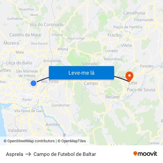 Asprela to Campo de Futebol de Baltar map