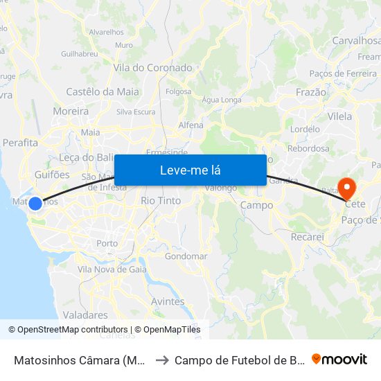 Matosinhos Câmara (Matc1) to Campo de Futebol de Baltar map