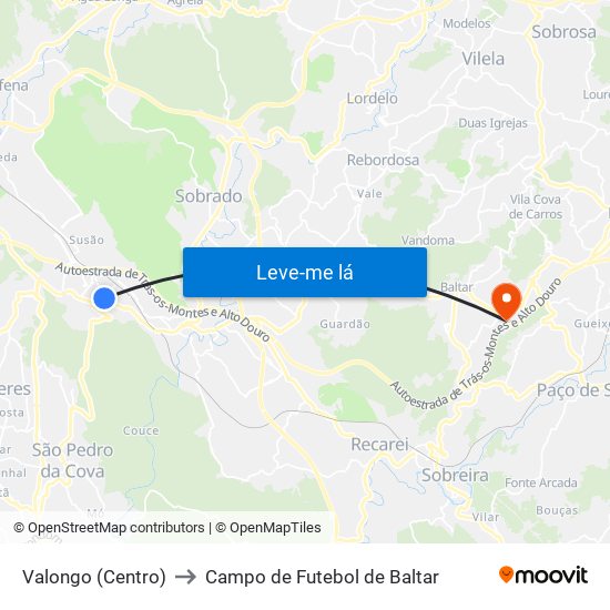 Valongo (Centro) to Campo de Futebol de Baltar map