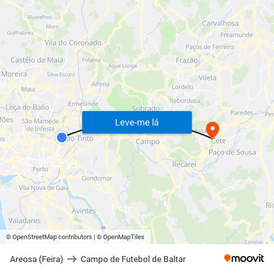 Areosa (Feira) to Campo de Futebol de Baltar map