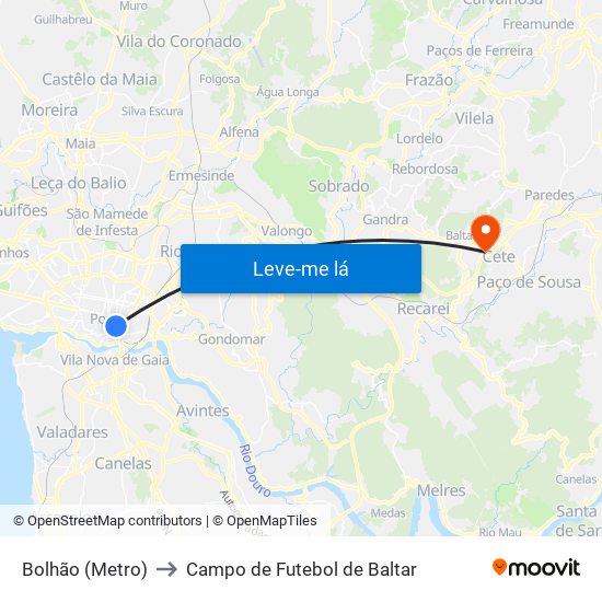 Bolhão (Metro) to Campo de Futebol de Baltar map