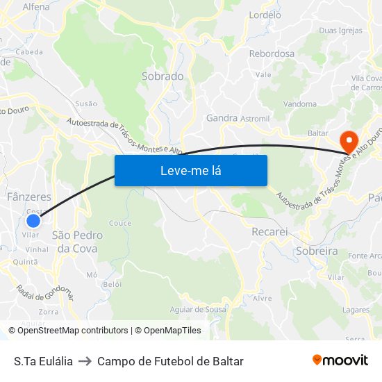 S.Ta Eulália to Campo de Futebol de Baltar map