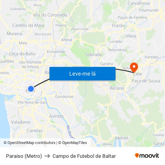 Paraíso (Metro) to Campo de Futebol de Baltar map