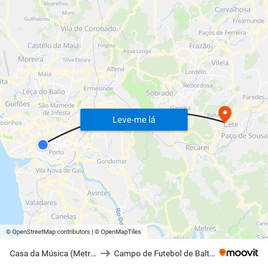 Casa da Música (Metro) to Campo de Futebol de Baltar map