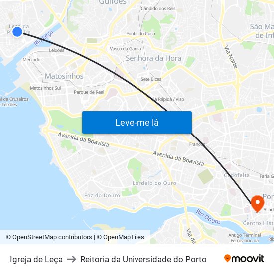 Igreja de Leça to Reitoria da Universidade do Porto map