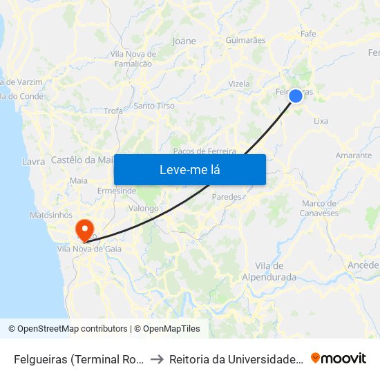 Felgueiras (Terminal Rodoviário) to Reitoria da Universidade do Porto map