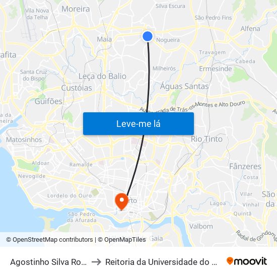 Agostinho Silva Rocha to Reitoria da Universidade do Porto map